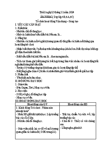 Kế hoạch bài dạy Âm Nhạc Lớp 4+5 - Tuần 12 - Năm học 2024-2025 - Nguyễn Thị Hiền Thương