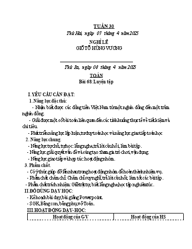 Kế hoạch bài dạy các môn Lớp 3 - Tuần 30 - Năm học 2024-2025 - Phan Thị Duyên