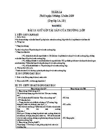 Kế hoạch bài dạy Đạo đức Lớp 1 (Kết nối tri thức) - Tuần 14 - Bài 13: Giữ gìn tài sản của trường, lớp - Năm học 2024-2025 - Phan Thị Hiên