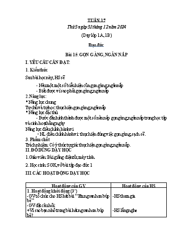 Kế hoạch bài dạy Đạo đức Lớp 1 (Kết nối tri thức) - Tuần 17 - Bài 15: Gọn gàng, ngăn nắp - Năm học 2024-2025 - Phan Thị Hiên