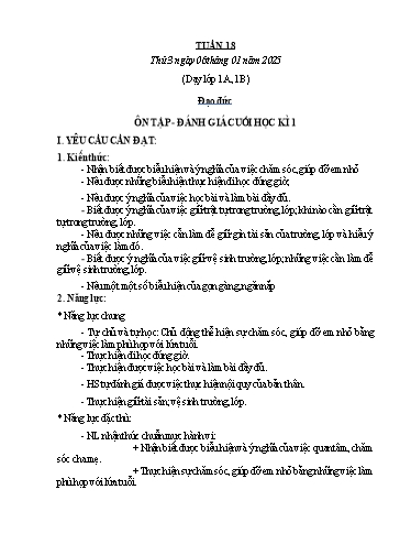 Kế hoạch bài dạy Đạo đức Lớp 1 (Kết nối tri thức) - Tuần 18 - Ôn tập, đánh giá cuối học kì I - Năm học 2024-2025 - Phan Thị Hiên