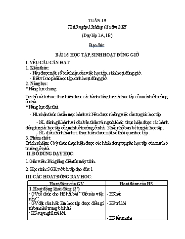 Kế hoạch bài dạy Đạo đức Lớp 1 (Kết nối tri thức) - Tuần 19 - Bài 16: Học tập, sinh hoạt đúng giờ - Năm học 2024-2025 - Phan Thị Hiên