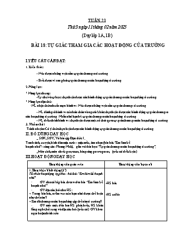 Kế hoạch bài dạy Đạo đức Lớp 1 (Kết nối tri thức) - Tuần 21 - Bài 18: Tự giác tham gia các hoạt động của trường - Năm học 2024-2025 - Phan Thị Hiên