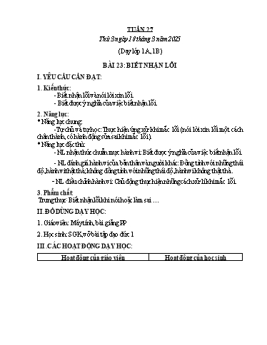 Kế hoạch bài dạy Đạo đức Lớp 1 (Kết nối tri thức) - Tuần 27 - Bài 23: Biết nhận lỗi - Năm học 2024-2025 - Phan Thị Hiên