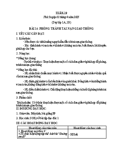 Kế hoạch bài dạy Đạo đức Lớp 1 (Kết nối tri thức) - Tuần 29 - Bài 24: Phòng tránh tai nạn giao thông - Năm học 2024-2025 - Phan Thị Hiên