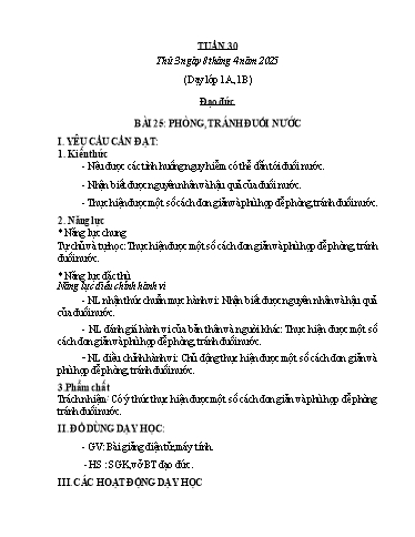 Kế hoạch bài dạy Đạo đức Lớp 1 (Kết nối tri thức) - Tuần 30 - Bài 25: Phòng, tránh đuối nước - Năm học 2024-2025 - Phan Thị Hiên