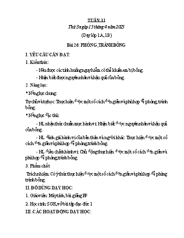 Kế hoạch bài dạy Đạo đức Lớp 1 (Kết nối tri thức) - Tuần 31 - Bài 26: Phòng, tránh bỏng - Năm học 2024-2025 - Phan Thị Hiên