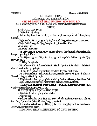 Kế hoạch bài dạy Giáo dục thể chất Lớp 4 (Kết nối tri thức) - Tuần 29 - Chủ đề: Môn thể tự chọn Bóng rổ - Bài 1 + Bài 2 - Năm học 2024-2025 - Lê Duy Hoàn