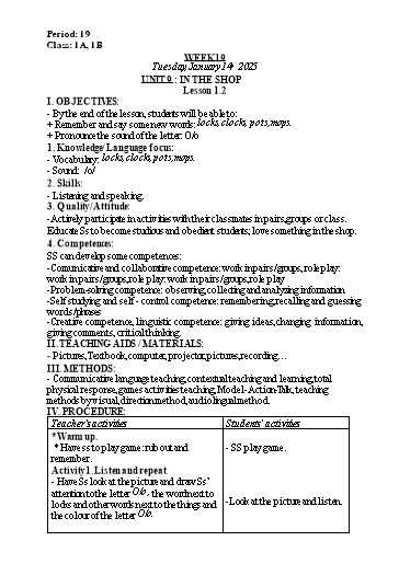 Kế hoạch bài dạy Tiếng Anh Lớp 1 - Tuần 19. Unit 9: In the shop - Lesson 1+2. Period 19 - Năm học 2024-2025 - Lê Thị Khang