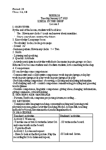 Kế hoạch bài dạy Tiếng Anh Lớp 1 - Tuần 20. Unit 9: In the shop - Lesson 3. Period 20 - Năm học 2024-2025 - Lê Thị Khang