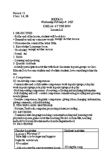 Kế hoạch bài dạy Tiếng Anh Lớp 1 - Tuần 21. Unit 10: At the zoo - Lesson 1+2. Period 21 - Năm học 2024-2025 - Lê Thị Khang