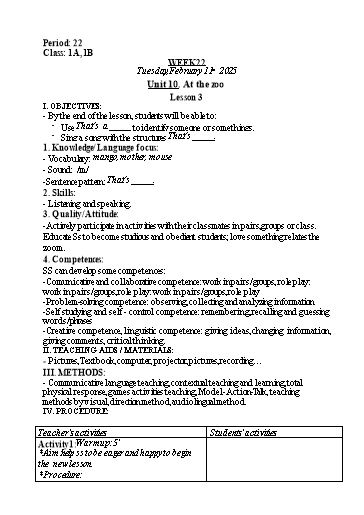 Kế hoạch bài dạy Tiếng Anh Lớp 1 - Tuần 22. Unit 10: At the zoo - Lesson 3. Period 22 - Năm học 2024-2025 - Lê Thị Khang