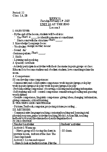Kế hoạch bài dạy Tiếng Anh Lớp 1 - Tuần 23. Unit 10: At the zoo - Lesson 3. Period 22 - Năm học 2024-2025 - Lê Thị Khang
