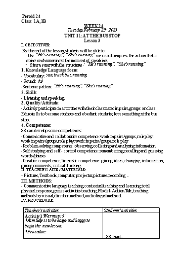 Kế hoạch bài dạy Tiếng Anh Lớp 1 - Tuần 24. Unit 11: At the bus stop - Lesson 3. Period 24 - Năm học 2024-2025 - Lê Thị Khang