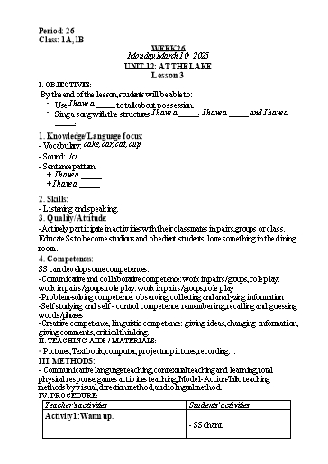 Kế hoạch bài dạy Tiếng Anh Lớp 1 - Tuần 26. Unit 12: At the lake - Lesson 3. Period 26 - Năm học 2024-2025 - Lê Thị Khang