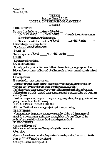 Kế hoạch bài dạy Tiếng Anh Lớp 1 - Tuần 28. Unit 13: In the school canteen - Lesson 3. Period 28 - Năm học 2024-2025 - Lê Thị Khang