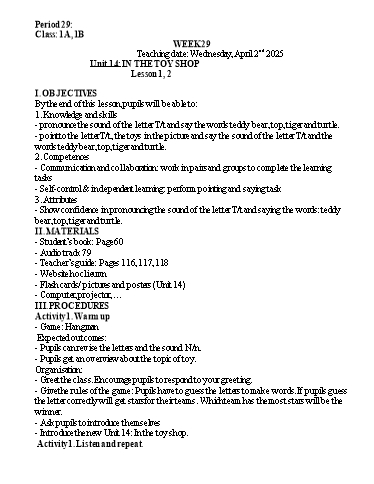 Kế hoạch bài dạy Tiếng Anh Lớp 1 - Tuần 29. Unit 14: In the toy shop - Lesson 1+2. Period 29 - Năm học 2024-2025 - Lê Thị Khang