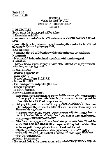 Kế hoạch bài dạy Tiếng Anh Lớp 1 - Tuần 30. Unit 14: In the toy shop - Lesson 3. Period 30 - Năm học 2024-2025 - Lê Thị Khang