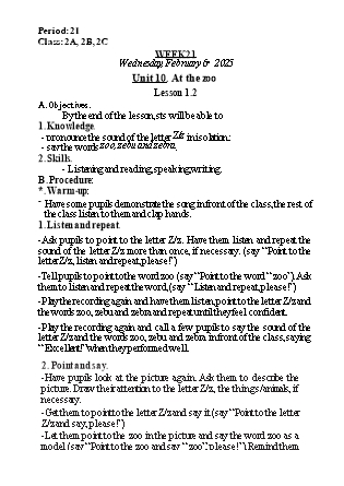 Kế hoạch bài dạy Tiếng Anh Lớp 2 - Tuần 21. Unit 10: At the zoo - Lesson 1+2. Period 21 - Năm học 2024-2025 - Lê Thị Khang