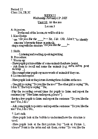Kế hoạch bài dạy Tiếng Anh Lớp 2 - Tuần 22. Unit 10: At the zoo - Lesson 3. Period 22 - Năm học 2024-2025 - Lê Thị Khang