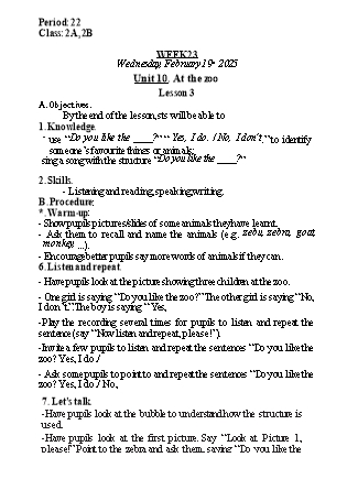 Kế hoạch bài dạy Tiếng Anh Lớp 2 - Tuần 23. Unit 10: At the zoo - Lesson 3. Period 22 - Năm học 2024-2025 - Lê Thị Khang