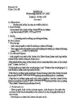 Kế hoạch bài dạy Tiếng Anh Lớp 2 - Tuần 26. Unit 12. At the café - Lesson 3. Period 26 - Năm học 2024-2025 - Lê Thị Khang