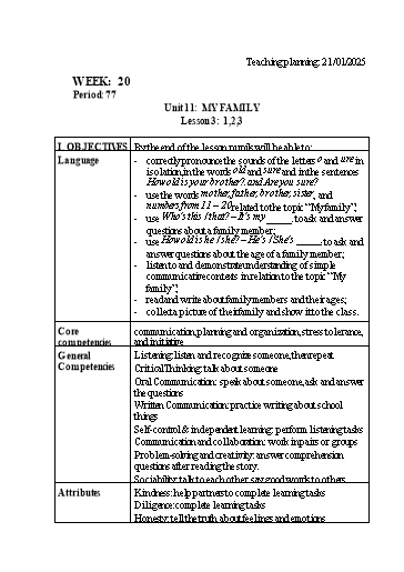 Kế hoạch bài dạy Tiếng Anh Lớp 3 - Tuần 20 - Unit 11 + Unit 12 - Năm học 2024-2025 - Lê Thị Huyền