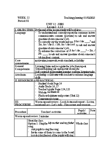 Kế hoạch bài dạy Tiếng Anh Lớp 3 - Tuần 22 - Unit 12: Jobs - Năm học 2024-2025 - Lê Thị Huyền