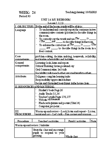 Kế hoạch bài dạy Tiếng Anh Lớp 3 - Tuần 24 - Unit 14: My bedroom - Năm học 2024-2025 - Lê Thị Huyền