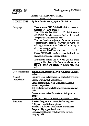 Kế hoạch bài dạy Tiếng Anh Lớp 3 - Tuần 25 - Unit 15: At the dining table - Năm học 2024-2025 - Lê Thị Huyền