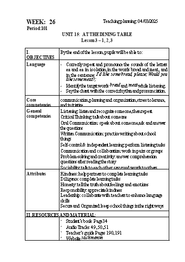 Kế hoạch bài dạy Tiếng Anh Lớp 3 - Tuần 26 - Unit 15 + Review 3 - Năm học 2024-2025 - Lê Thị Huyền