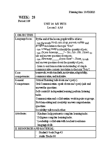 Kế hoạch bài dạy Tiếng Anh Lớp 3 - Tuần 28 - Unit 16 + Unit 17 - Năm học 2024-2025 - Lê Thị Huyền