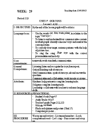 Kế hoạch bài dạy Tiếng Anh Lớp 3 - Tuần 29 - Unit 17: Our toys - Năm học 2024-2025 - Lê Thị Huyền