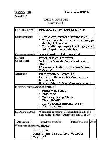 Kế hoạch bài dạy Tiếng Anh Lớp 3 - Tuần 30 - Unit 17 + Unit 18 - Năm học 2024-2025 - Lê Thị Huyền