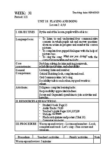 Kế hoạch bài dạy Tiếng Anh Lớp 3 - Tuần 31 - Unit 18 + Unit 19 - Năm học 2024-2025 - Lê Thị Huyền