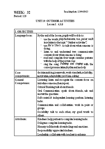 Kế hoạch bài dạy Tiếng Anh Lớp 3 - Tuần 32 - Unit 19: Ourdoor activities - Năm học 2024-2025 - Lê Thị Huyền