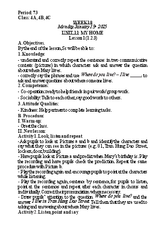 Kế hoạch bài dạy Tiếng Anh Lớp 4 - Tuần 19 - Unit 11: My home - Năm học 2024-2025 - Lê Thị Khang