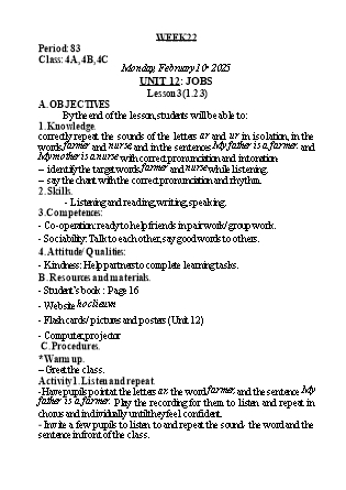 Kế hoạch bài dạy Tiếng Anh Lớp 4 - Tuần 22 - Unit 12 + Unit 13 - Năm học 2024-2025 - Lê Thị Khang