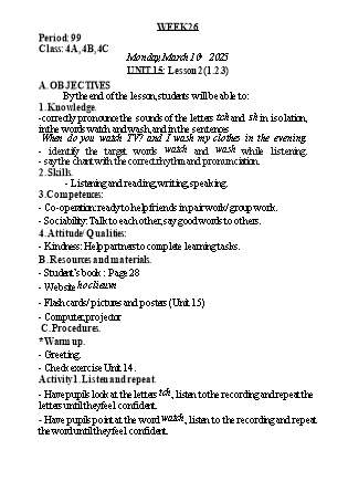 Kế hoạch bài dạy Tiếng Anh Lớp 4 - Tuần 26 - Unit 15: Lesson 2+3 - Năm học 2024-2025 - Lê Thị Khang
