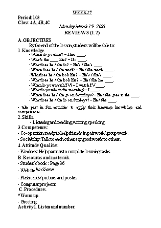Kế hoạch bài dạy Tiếng Anh Lớp 4 - Tuần 27 - Review 3 + Unit 16 - Năm học 2024-2025 - Lê Thị Khang