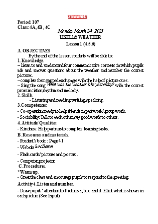 Kế hoạch bài dạy Tiếng Anh Lớp 4 - Tuần 28 - Unit 16: Weather - Năm học 2024-2025 - Lê Thị Khang