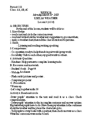 Kế hoạch bài dạy Tiếng Anh Lớp 4 - Tuần 29 - Unit 16 + Unit 17 - Năm học 2024-2025 - Lê Thị Khang