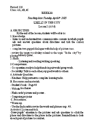Kế hoạch bài dạy Tiếng Anh Lớp 4 - Tuần 30 - Unit 17: In the city - Năm học 2024-2025 - Lê Thị Khang