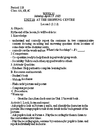 Kế hoạch bài dạy Tiếng Anh Lớp 4 - Tuần 31 - Unit 18: At the shopping centre - Năm học 2024-2025 - Lê Thị Khang