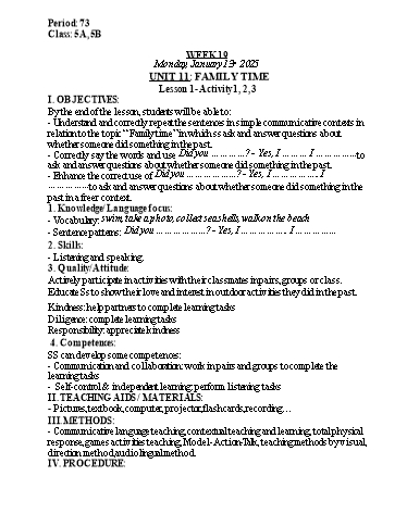 Kế hoạch bài dạy Tiếng Anh Lớp 5 - Tuần 19 - Unit 11: Family time - Năm học 2024-2025 - Lê Thị Khang