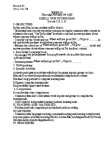 Kế hoạch bài dạy Tiếng Anh Lớp 5 - Tuần 21 - Unit 12: Our Tet holiday - Năm học 2024-2025 - Lê Thị Khang