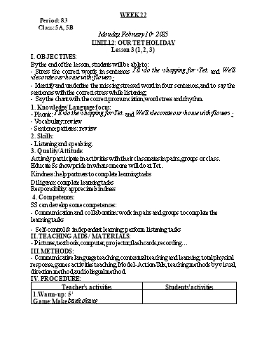 Kế hoạch bài dạy Tiếng Anh Lớp 5 - Tuần 22 - Unit 12 + Unit 13 - Năm học 2024-2025 - Lê Thị Khang