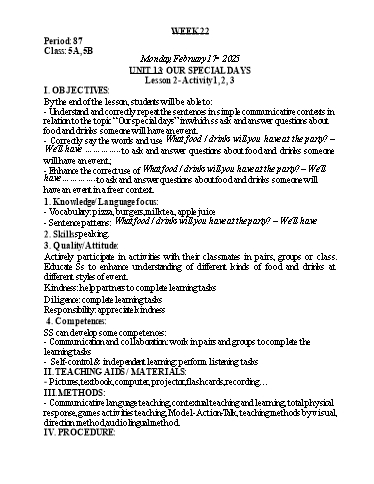 Kế hoạch bài dạy Tiếng Anh Lớp 5 - Tuần 23 - Unit 13: Our special days - Năm học 2024-2025 - Lê Thị Khang