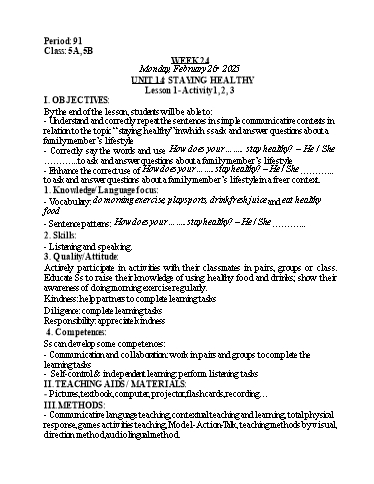 Kế hoạch bài dạy Tiếng Anh Lớp 5 - Tuần 24 - Unit 14: Staying healthy - Năm học 2024-2025 - Lê Thị Khang