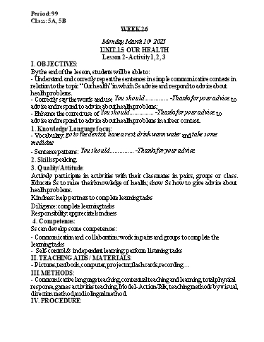 Kế hoạch bài dạy Tiếng Anh Lớp 5 - Tuần 26 - Unit 15: Our healthy - Năm học 2024-2025 - Lê Thị Khang